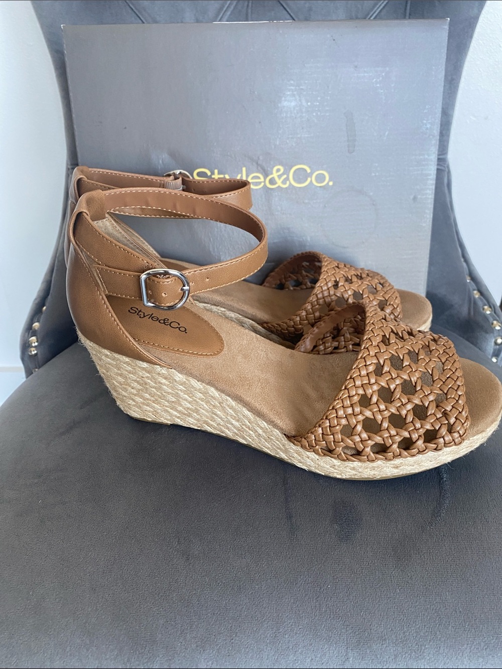 NWT Style & Co. Tan Braided Espadrille Wedge Sandals - Picture 4 of 16